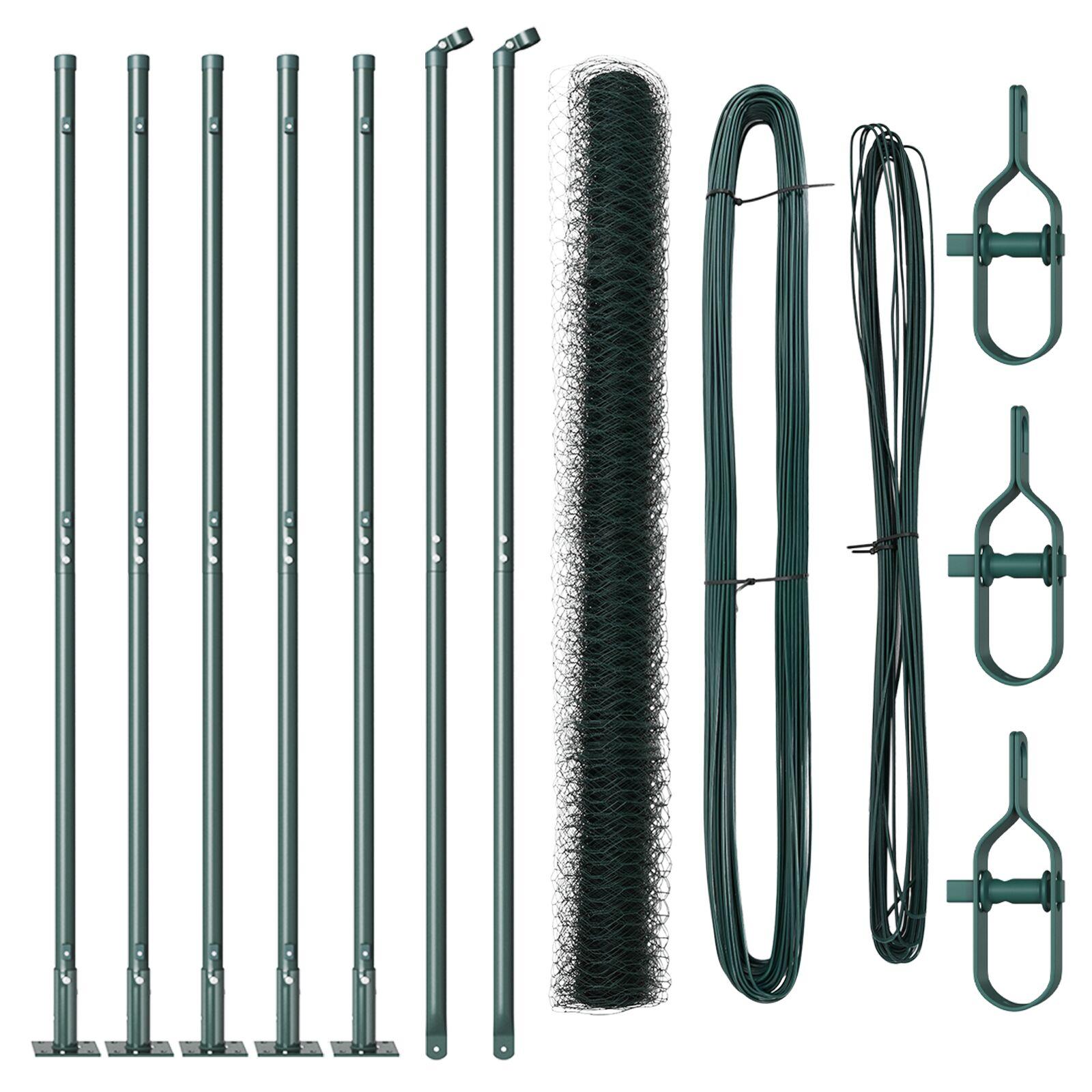 Hexagonhegn Grøn 1,4x10 m Stål,  Hegnspæle med baseplader 7 stk Ø32mm 78,5cm Galvaniseret stål