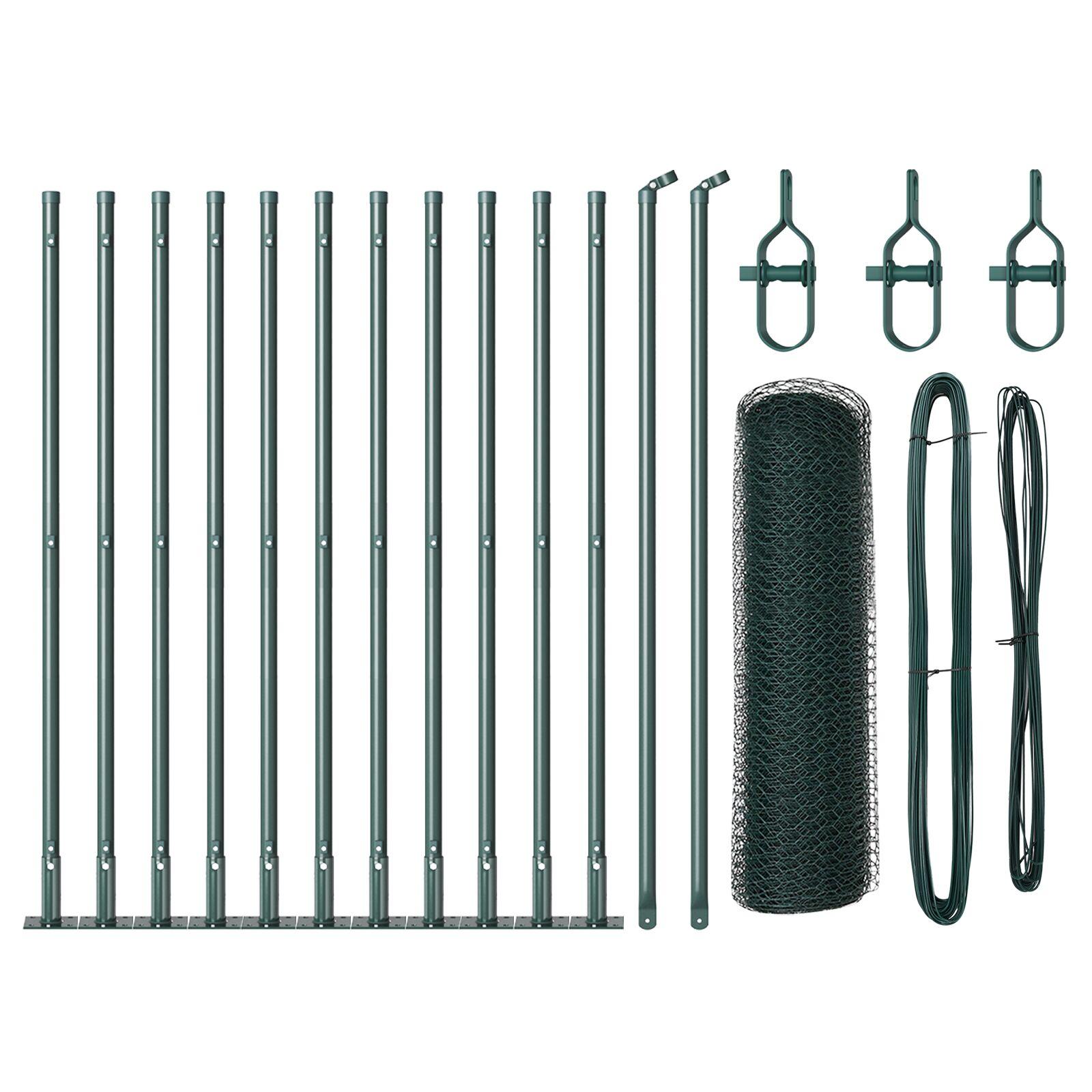 Hexagon Hegn Grøn 0.4x25 m Stål,  Hegnspæle med baseplader 13 stk Ø32mm 50cm Galvaniseret stål