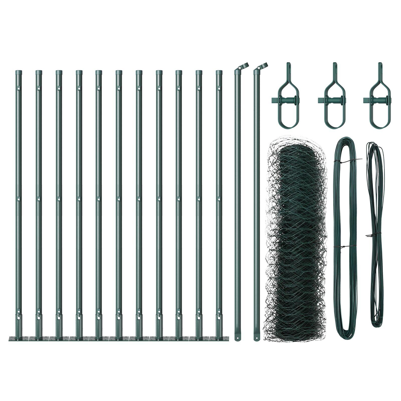 Hexagonhegn Grøn 0.4x25 m Stål,  Hegnsposter med baseplader 13 stk Ø32mm 50cm Galvaniseret stål