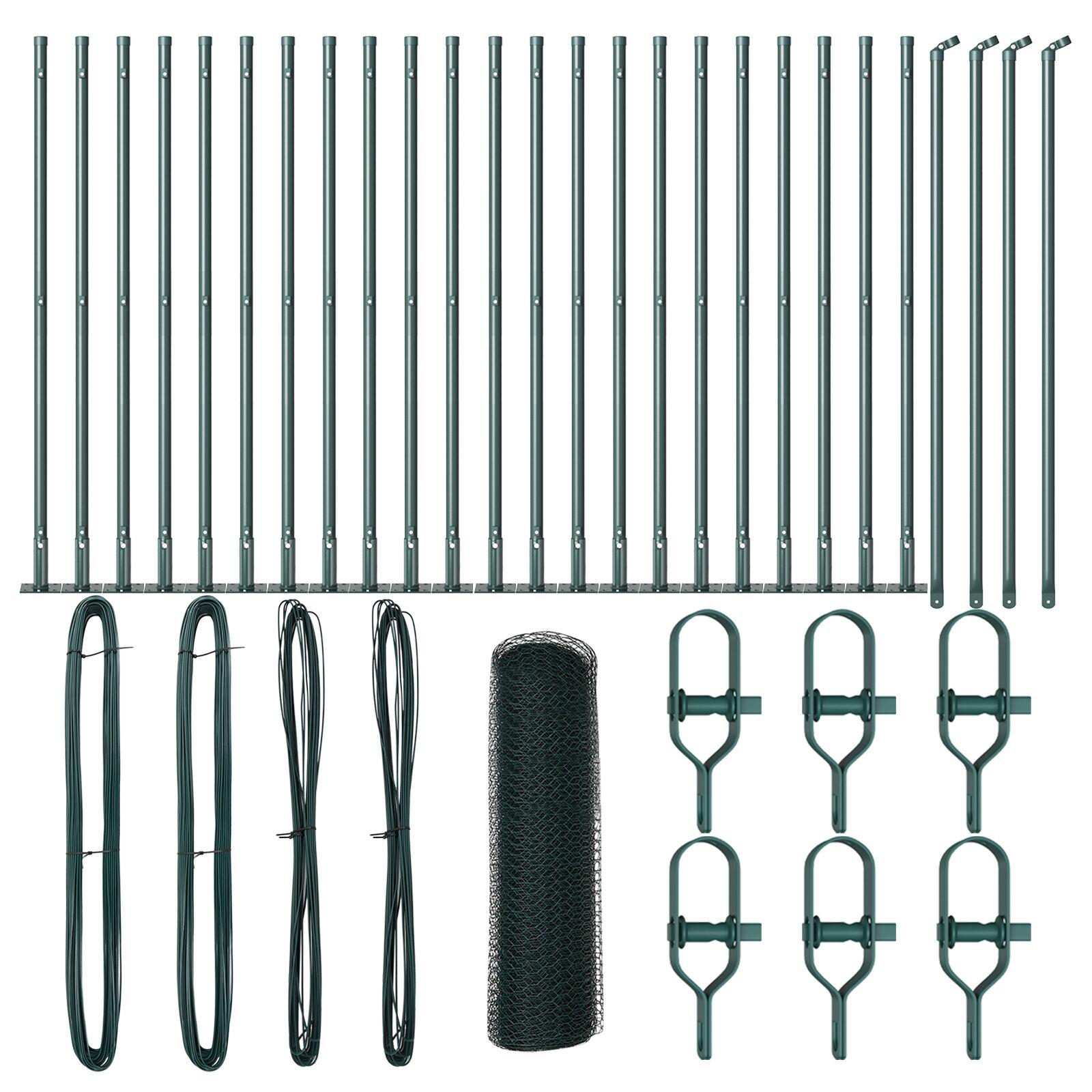 Sekskantet hegn grøn 1x50 m stål,  hegnspæle med baseplader 13 stk Ø32mm 110cm galvaniseret stål