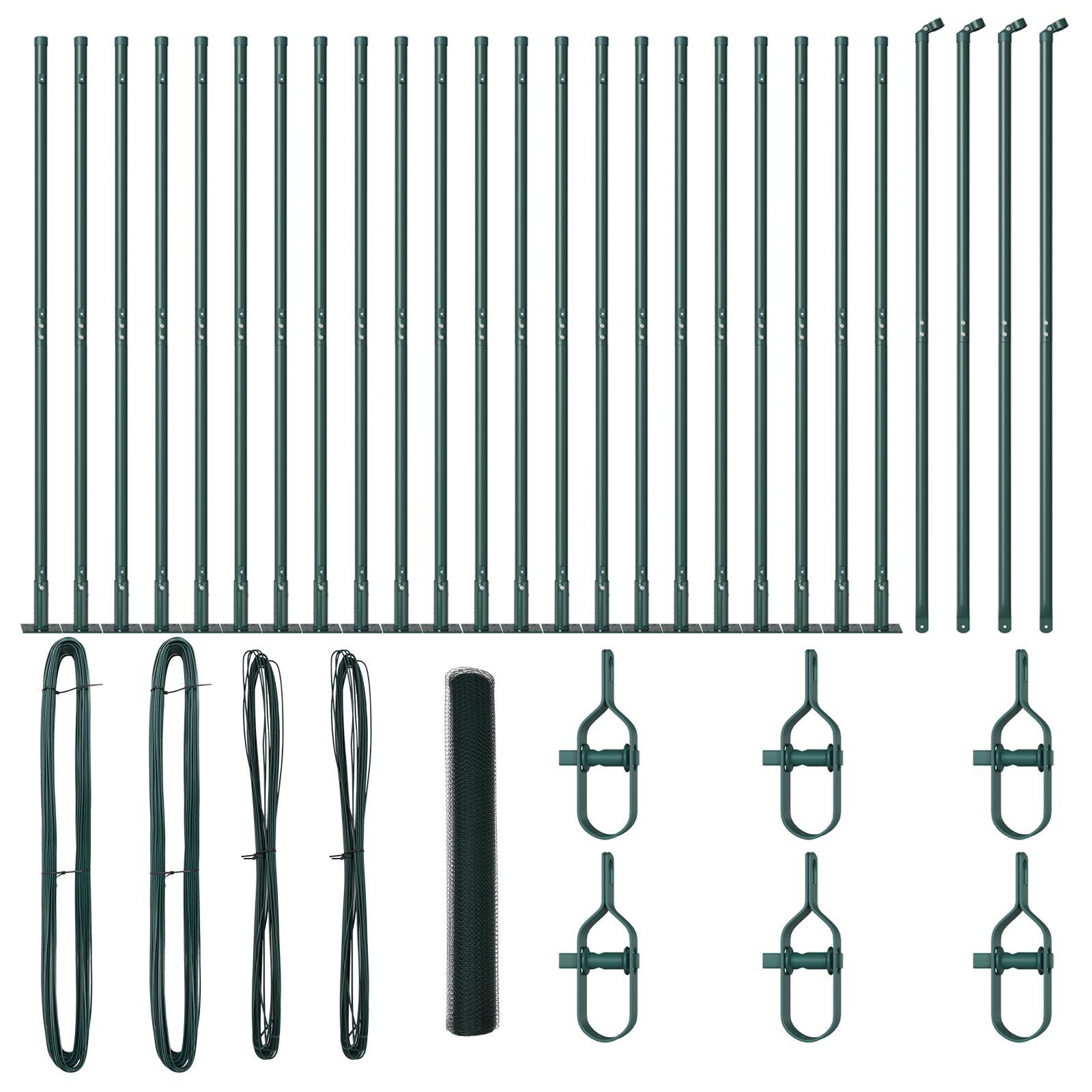 Hexagon hegn grøn 1,2x50 m stål,  Hegposts med basisplader 13 stk Ø32mm 68,5cm galvaniseret stål