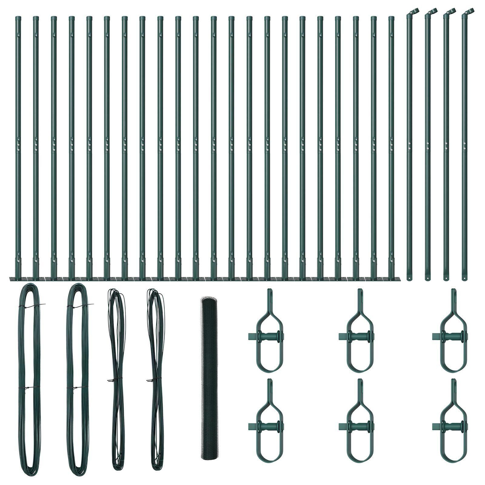 Sekskantet hegn Grøn 1.6x50 m Stål,  Hegnspæle med baseplader 13 stk Ø32mm 88.5cm Galvaniseret Stål