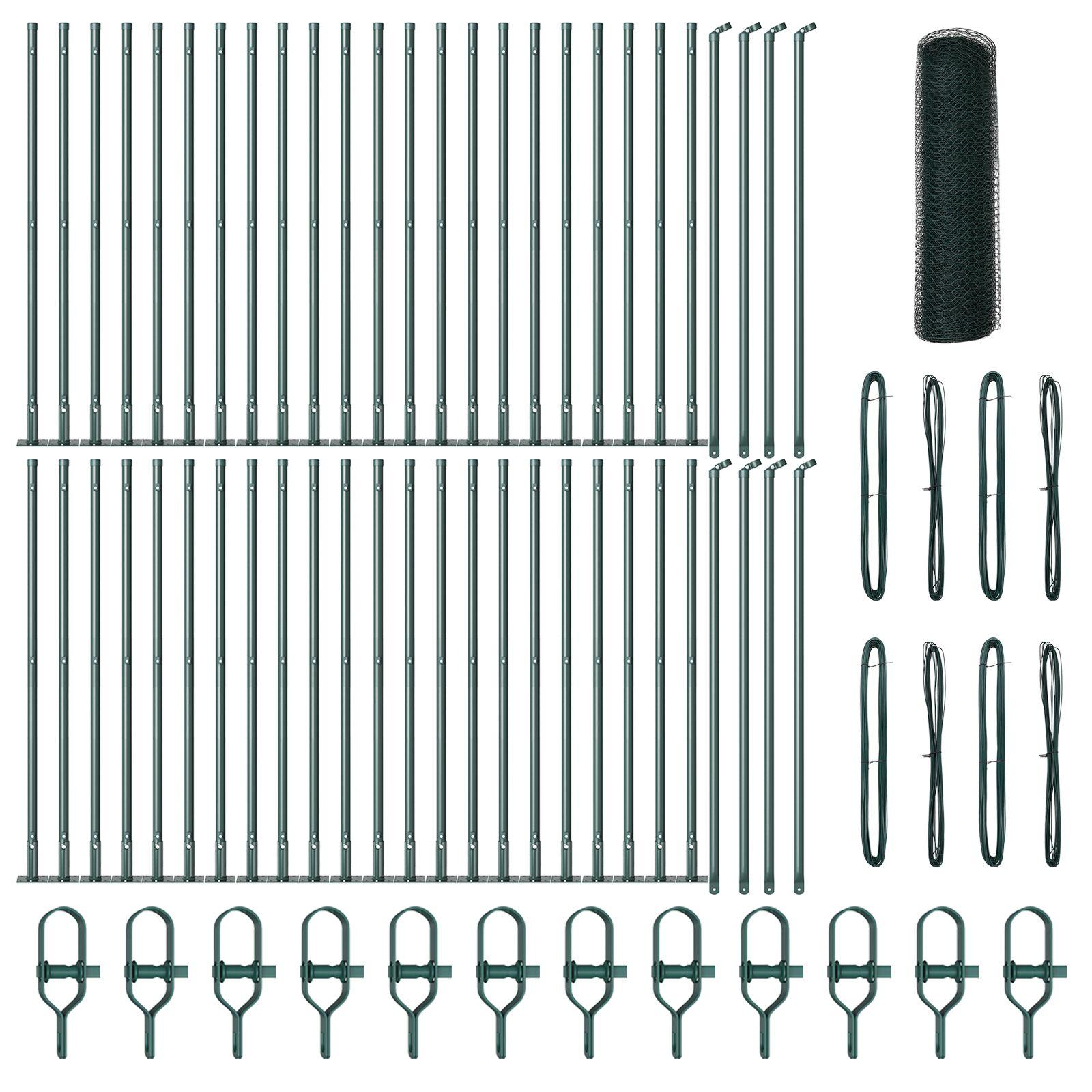 Hexagon Hegn Grøn 0.8x100 m Stål,  Hegnspidser med Bundplader 13 stk Ø32mm 90cm Galvaniseret Stål