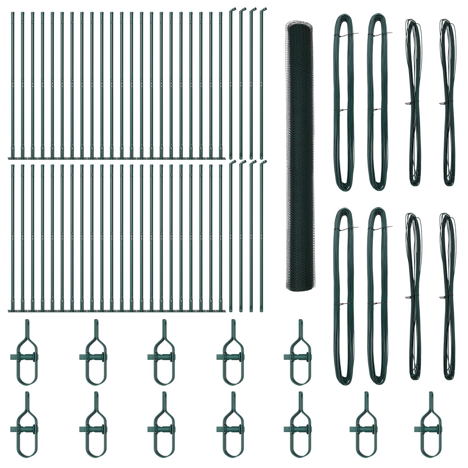 Hexagon indhegning Grøn 1.6x100 m Stål,  Indhegning Poster med Baseplader 13 stk Ø32mm 88.5cm Galvaniseret Stål