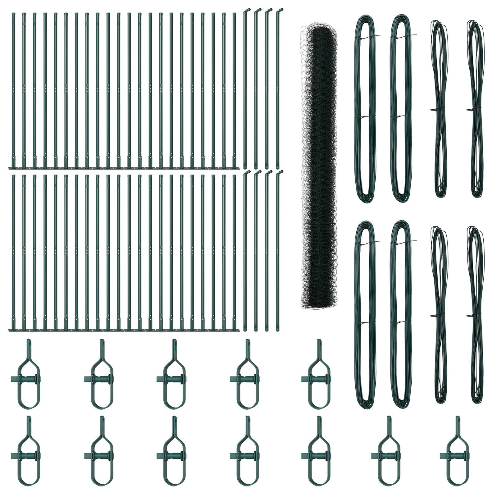 Hexagon Hegn Grøn 1,6x100 m Stål,  Hegn Stolper med Base Plader 13 stk Ø32mm 88,5cm Galvaniseret Stål