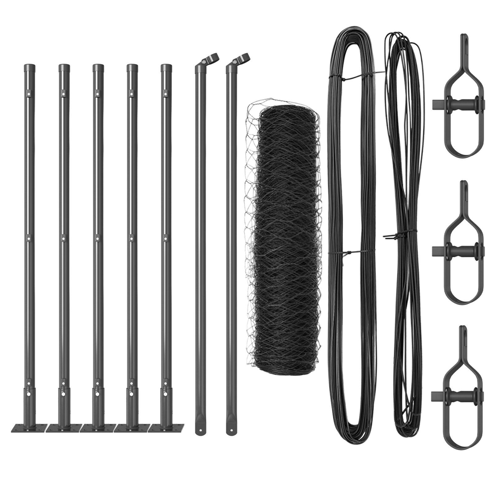 Hexagon hegn grå 0,4x10 m stål,  hegnspæle med baseplader 7 stk Ø32mm 50cm galvaniseret stål