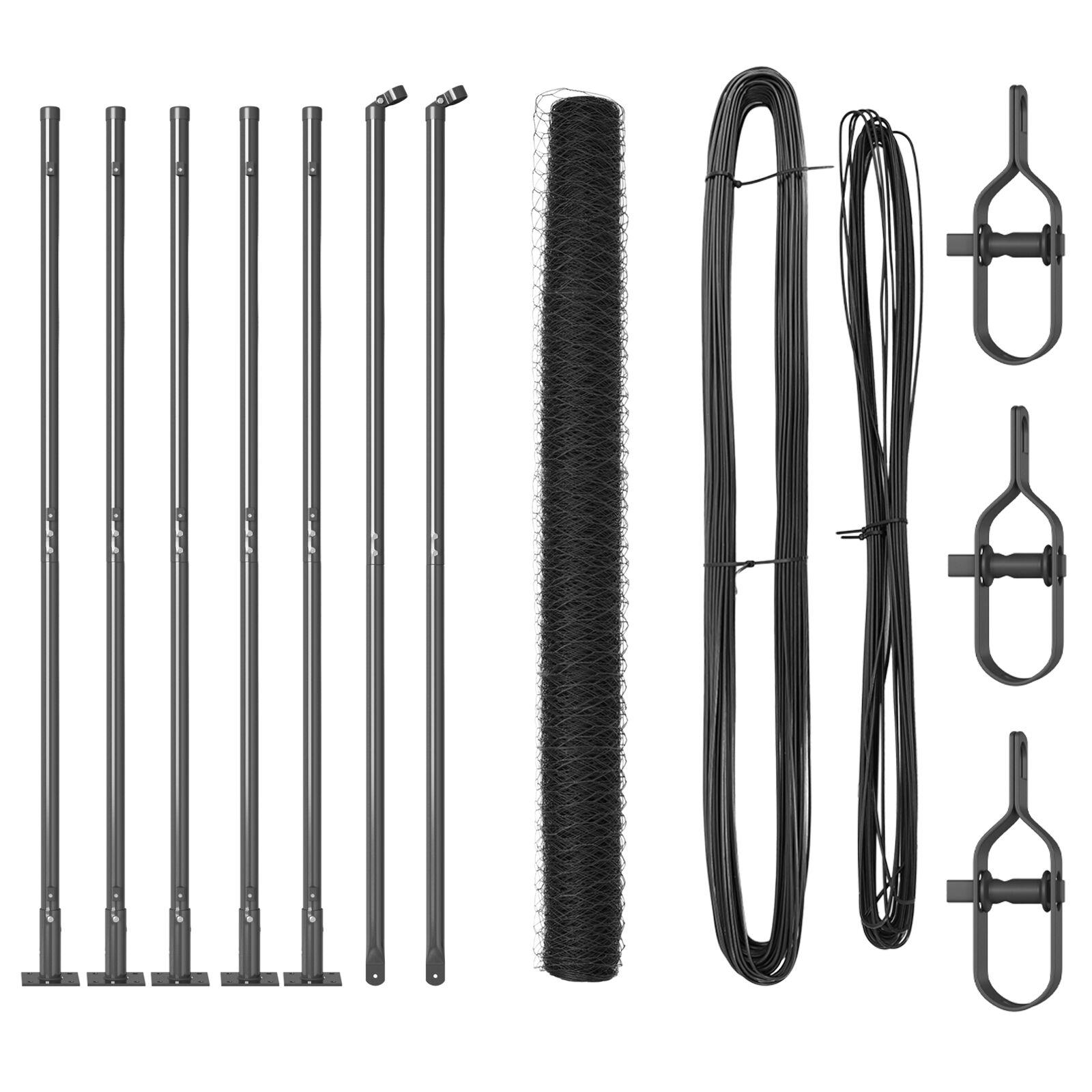 Sekskanthægn Grå 1.6x10 m Stål,  Hegnsstolper med Basisplader 7 stk Ø32mm 88,5cm Galvaniseret Stål