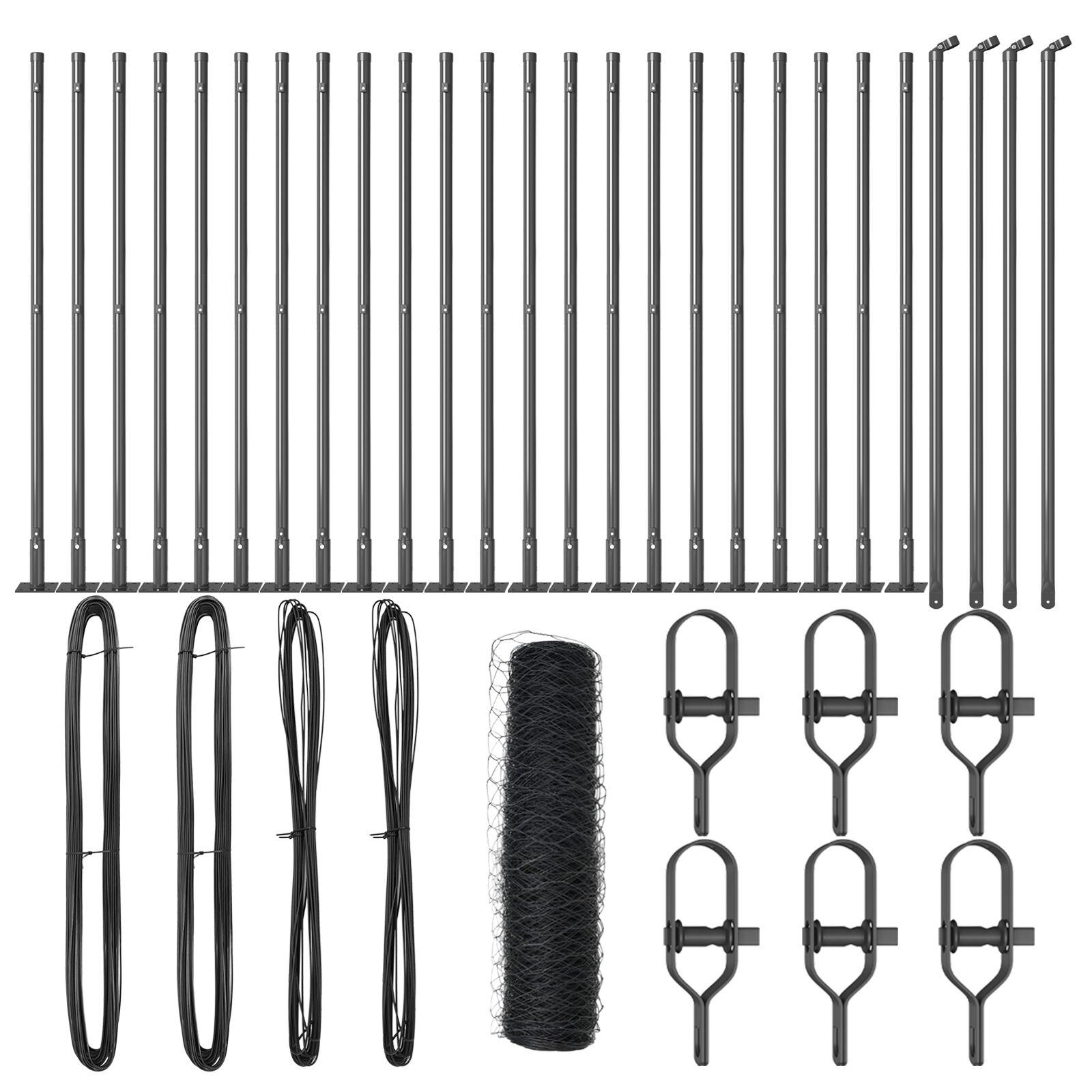 Sekskantet Hegn Grå 0.8x50 m Stål,  Hegnspidser med baseplader 13 stk Ø32mm 90cm Galvaniseret stål