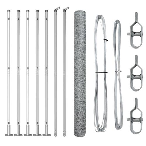 Hexagonhegn 1,5x10 m Galvaniseret Stål, Hegnspæle med Basisplader 7 stk Ø32mm 83,5 cm Galvaniseret Stål
