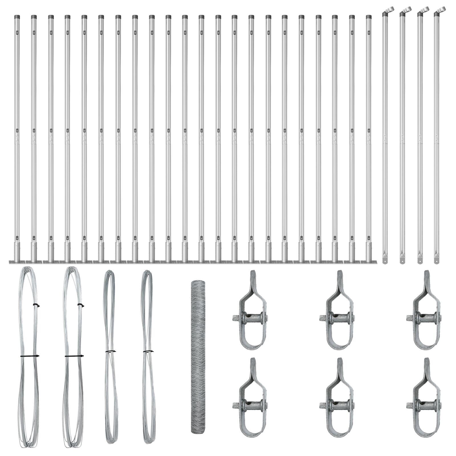 Sekskant Hegn 1,5 x 50 m Galvaniseret Stål,  Hegn Stolper med Bundplader 13 stk Ø32mm 83,5cm Galvaniseret Stål