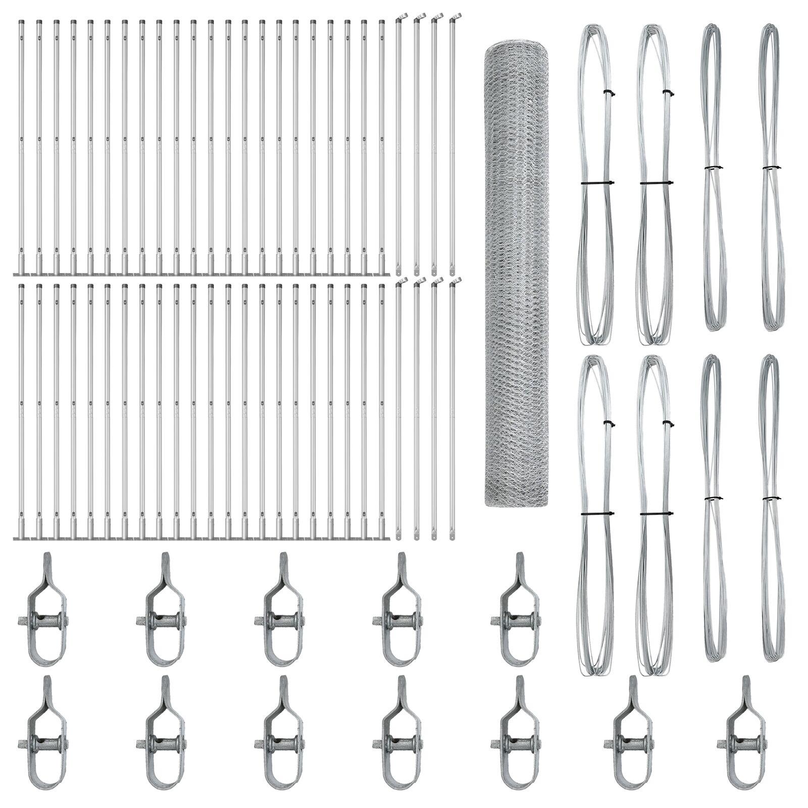 Hexagon Hegn 1,2x100 m Galvaniseret Stål,  Hegnspæle med Baseplader 13 stk Ø32mm 68,5cm Galvaniseret Stål