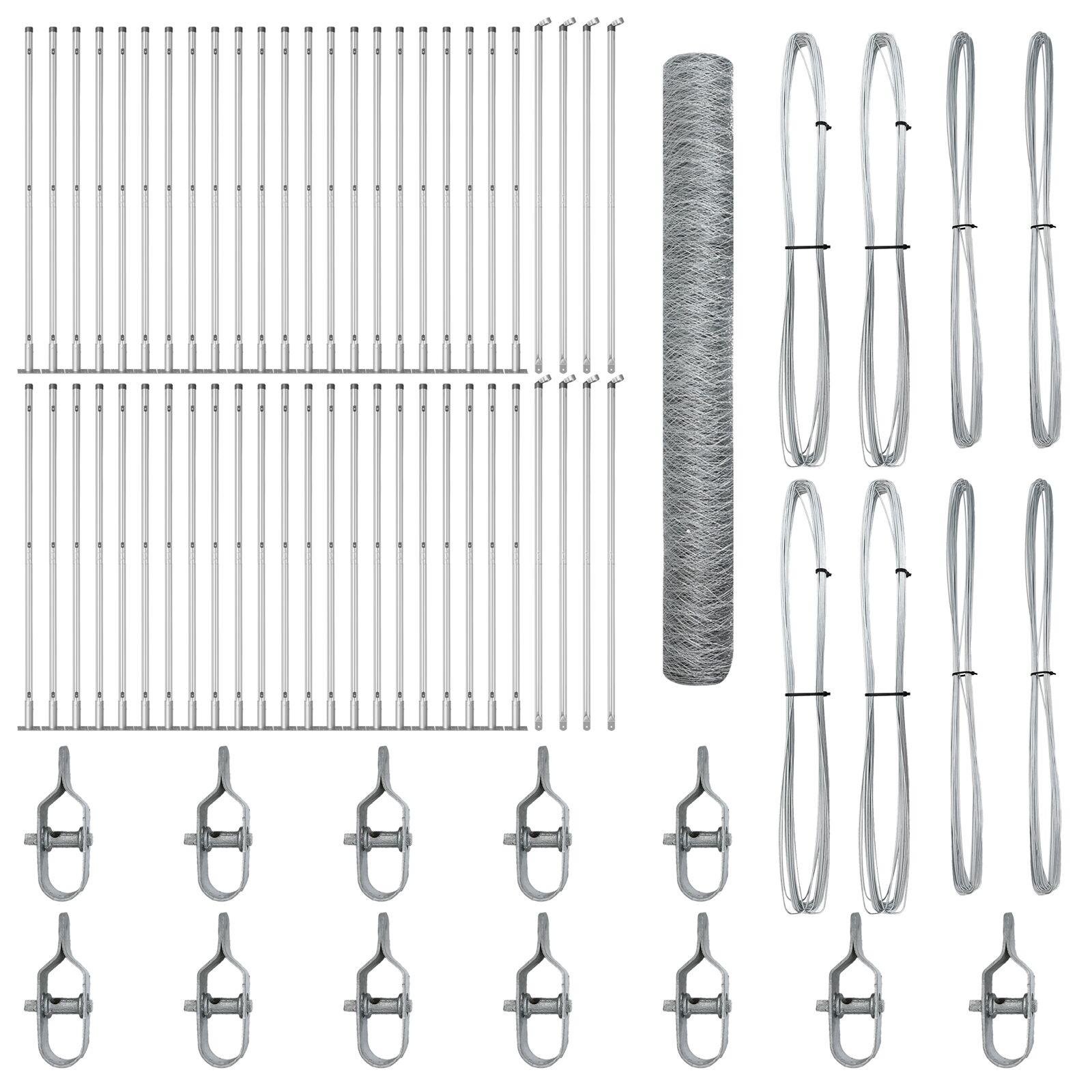 Hexagon Hegn 1.2x100 m Galvaniseret Stål,  Hegnspæle med Basisplader 13 stk Ø32mm 68.5cm Galvaniseret Stål