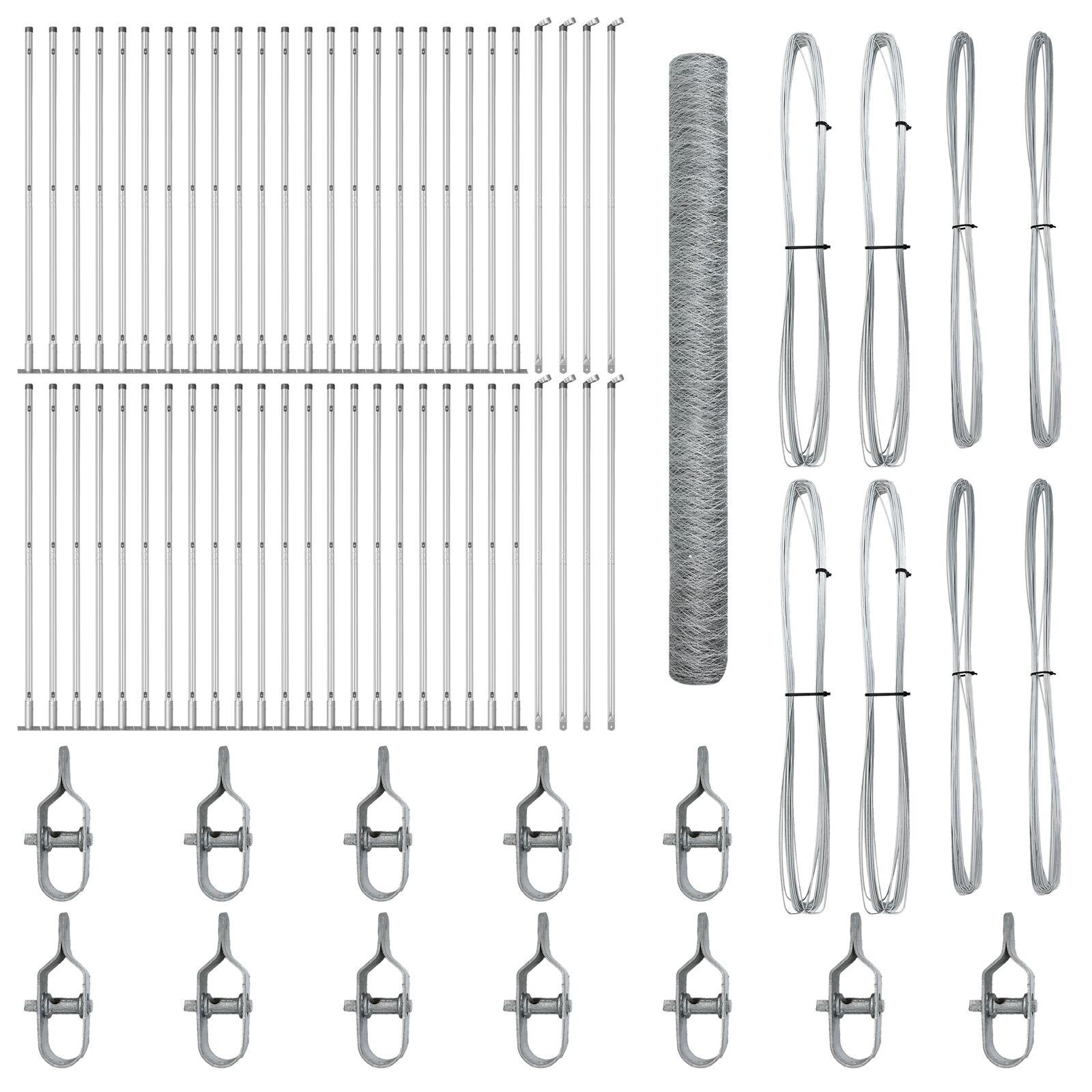 Hexagon hegn 1,5x100 m Galvaniseret stål,  Hegnsposter med baseplader 13 stk Ø32mm 83,5cm Galvaniseret stål