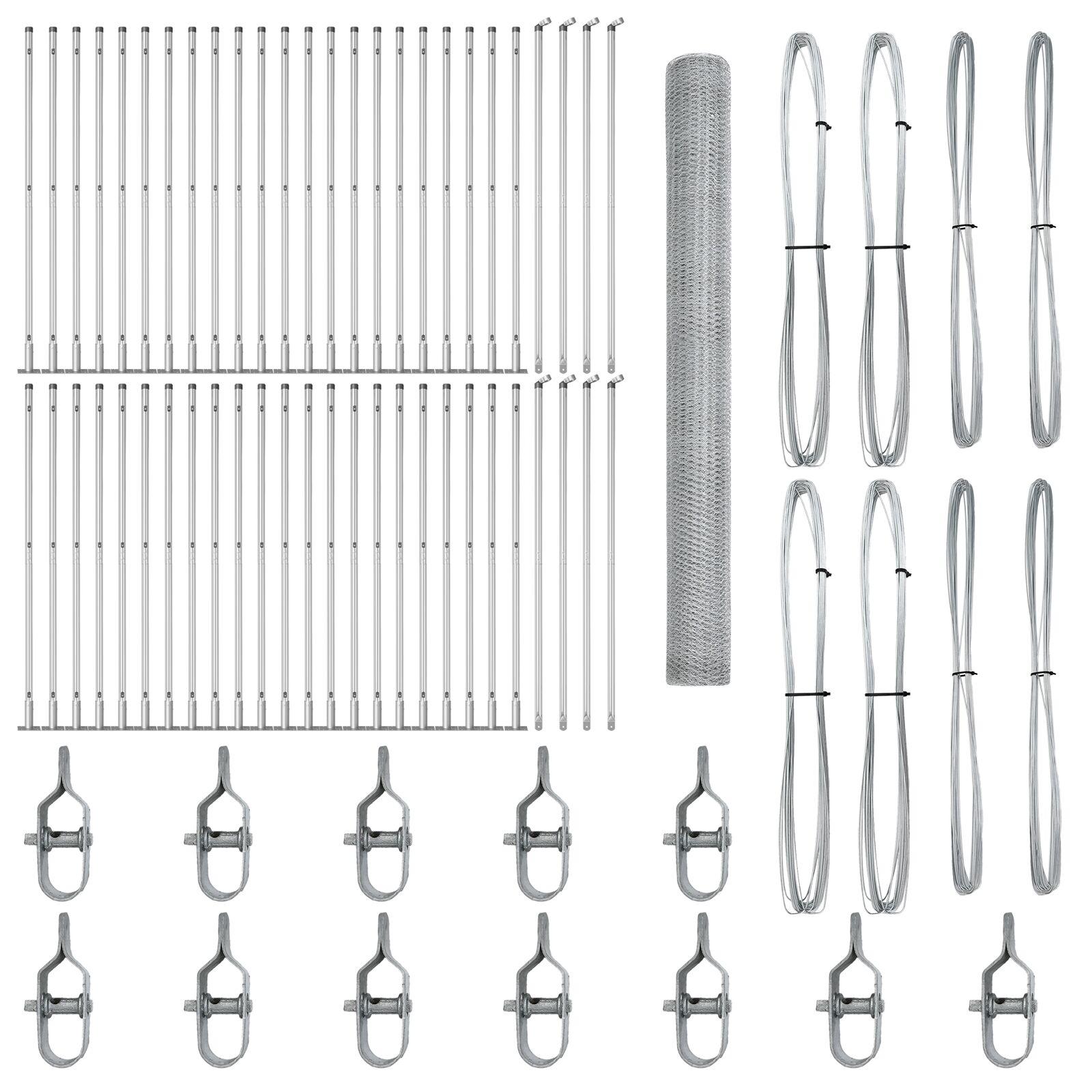 Hexagon hegn 1,6x100 m galvaniseret stål,  hegnspidser med baseplader 13 stk Ø32mm 88,5cm galvaniseret stål