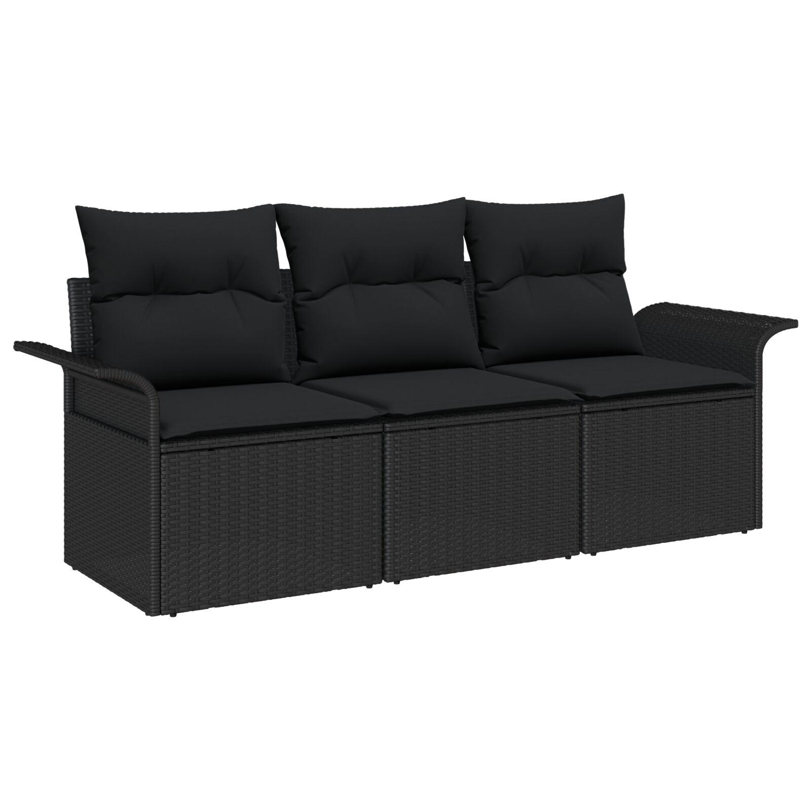 3 Stykker Have Sofa Sæt med Puder Sort Poly Rattan,  2-personers Have Sofa med Opbevaring & Puder Sort Poly Rattan