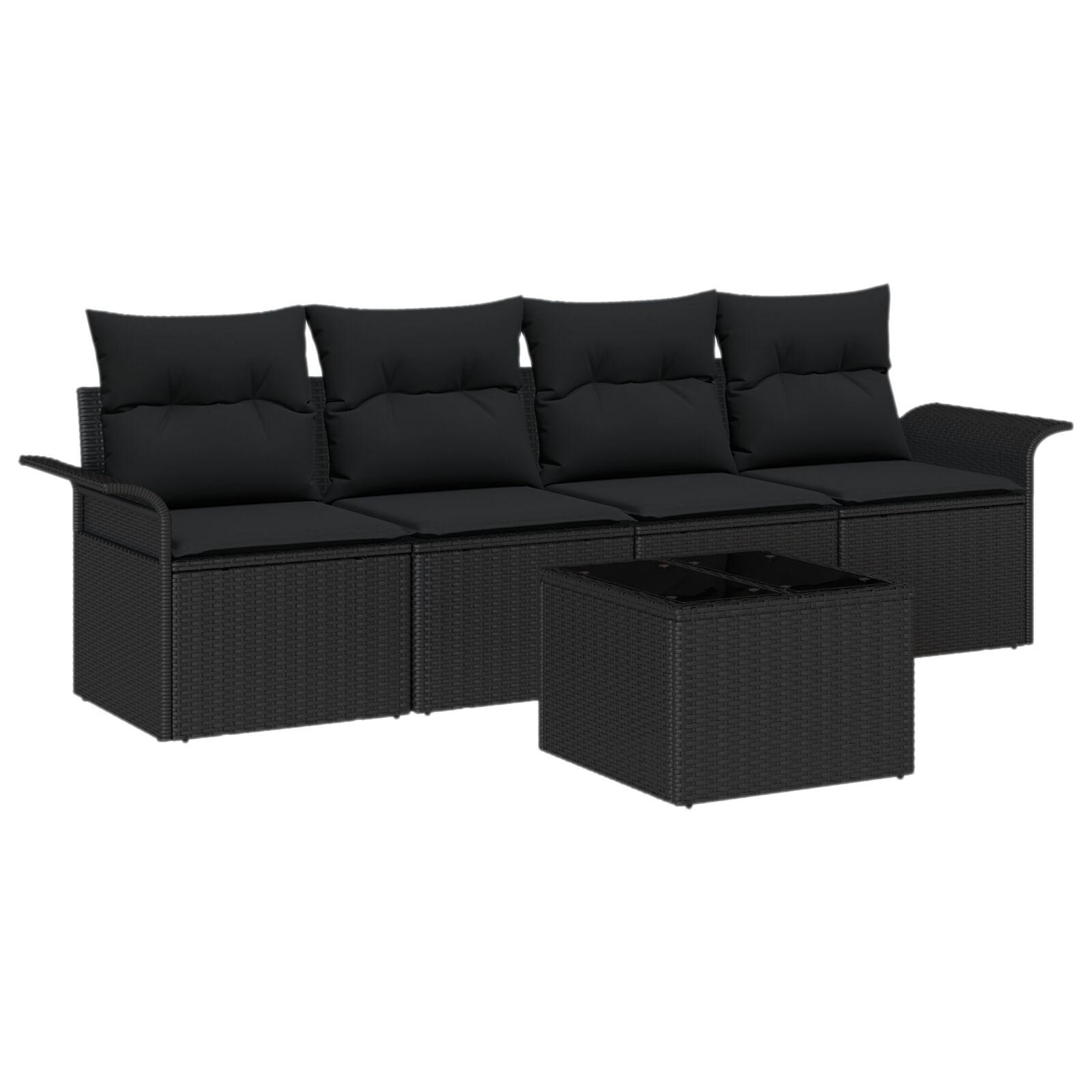 5 Delers Have Sofa Sæt med Hynder Sort Polyrattan,  2-personers Have Sofa med Opbevaring & Hynder Sort Polyrattan