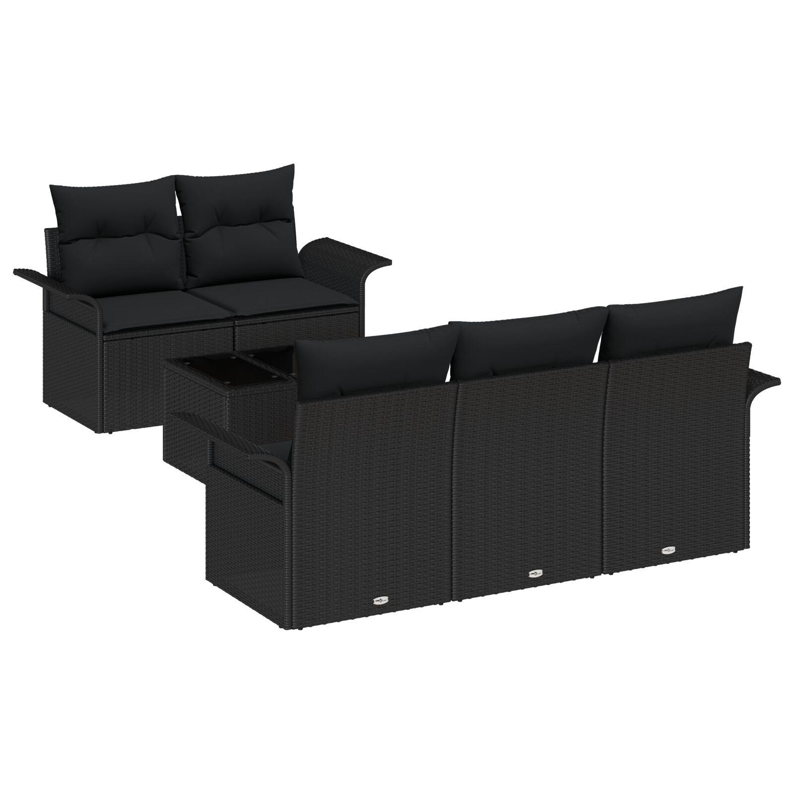 6 Stykke Have Sofa Sæt med Puder Sort Poly Rattan,  2-Sæders Have Sofa med Opbevaring & Puder Sort Poly Rattan