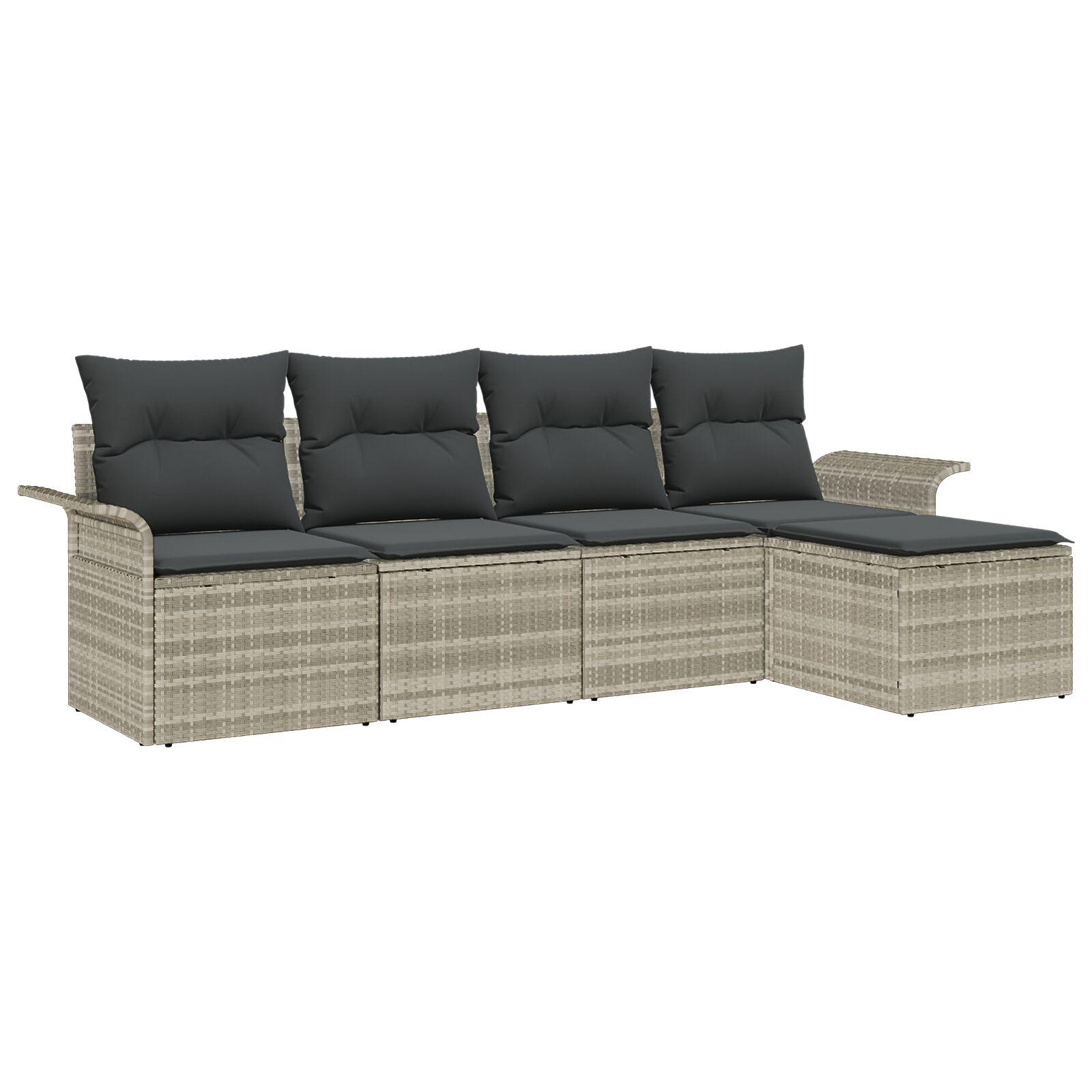 5-delt Have Sofa Sæt med Puder Lys Grå Poly Rattan, 2-sæders Have Sofa med Opbevaring & Puder Lys Grå Poly Rattan