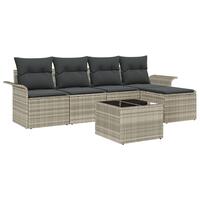6-stykke Have Sofa Sæt med Puder Grå Poly Rattan, 2-seater Have Sofa med Opbevaring&Puder Lysegrå Poly Rattan