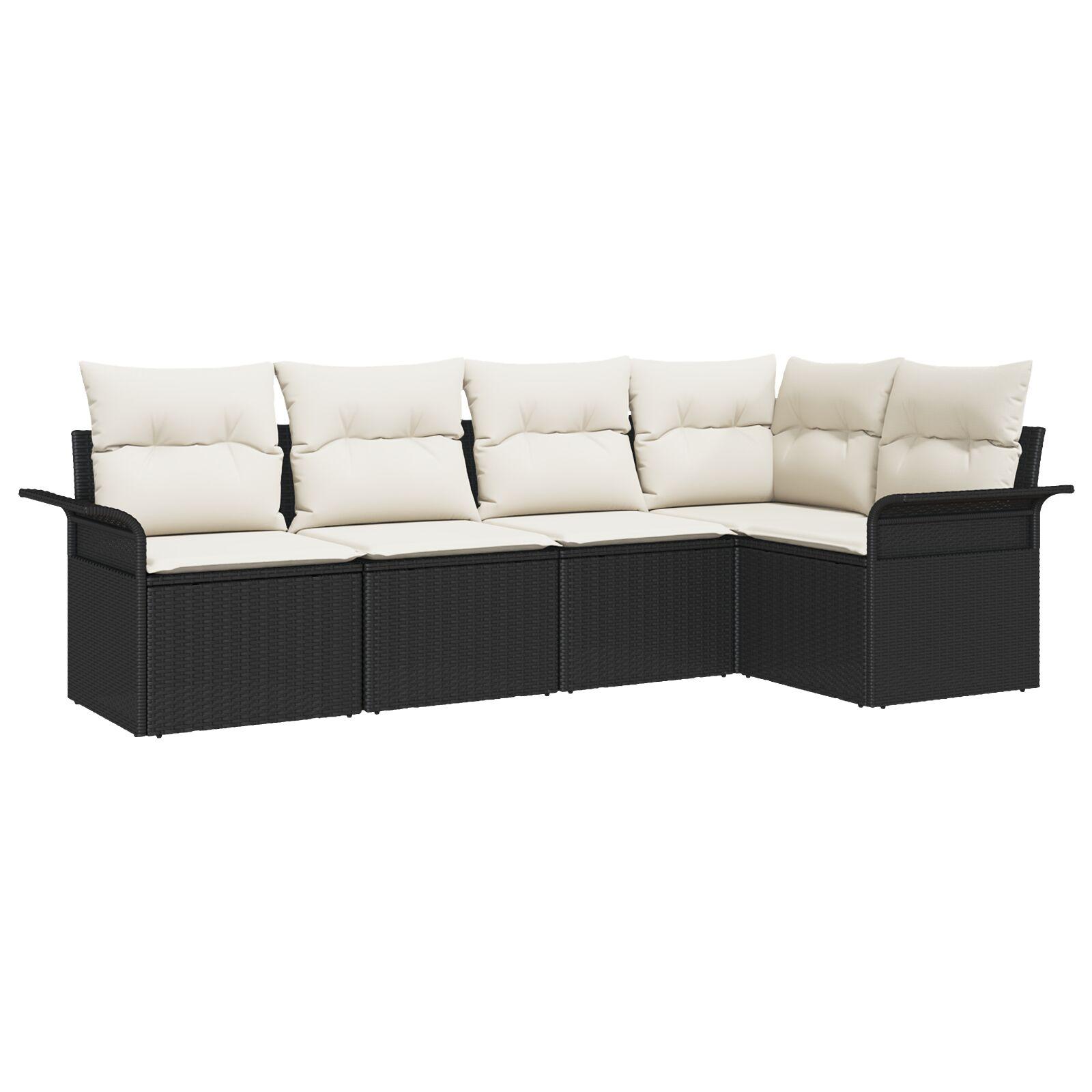 5 Stykker Have Sofa Sæt med Puder Sort Poly Rattan,  2-sædet Have Sofa med Opbevaring & Puder Sort Poly Rattan
