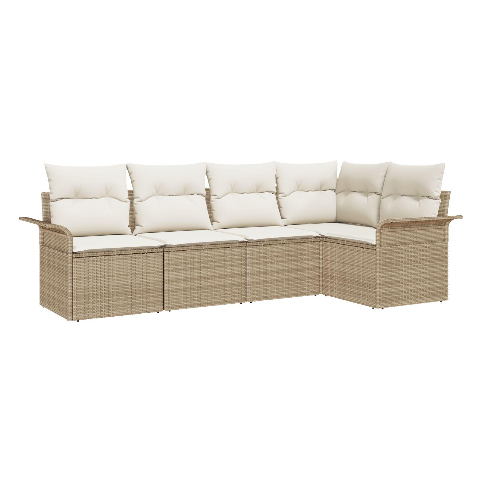 5 Deles Have Sofa Sæt Med Hynder Beige Poly Rattan,  2-personers Have Sofa Med Opbevaring & Hynder Beige Poly Rattan