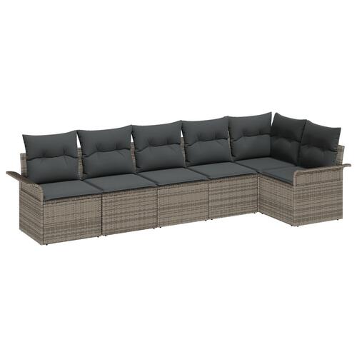 6 Deles Have Sofa Sæt med Puder Grå Poly Rattan, 2-personers Have Sofa med Opbevaring & Puder Grå Poly Rattan