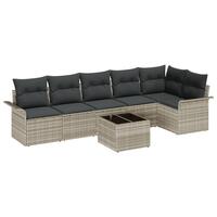 7 Piece Have Sofa Sæt med Puder Grå Poly Rattan, 2-personers Have Sofa med Opbevaring & Puder Lys Grå Poly Rattan