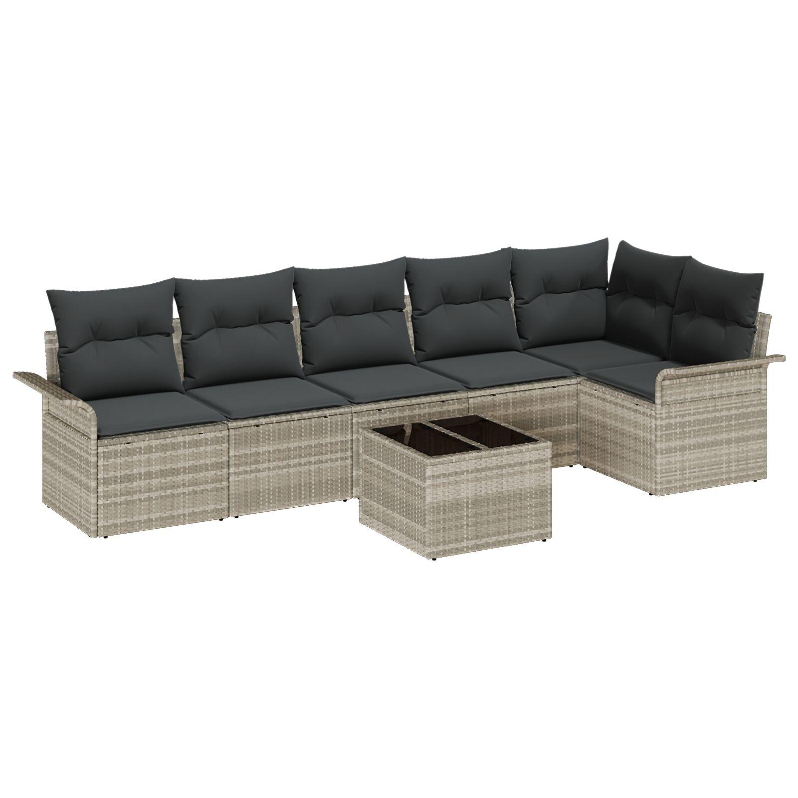 7 Piece Have Sofa Sæt med Puder Grå Poly Rattan, 2-personers Have Sofa med Opbevaring & Puder Lys Grå Poly Rattan