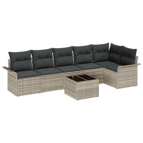 7 Piece Have Sofa Sæt med Puder Grå Poly Rattan, 2-personers Have Sofa med Opbevaring & Puder Lys Grå Poly Rattan