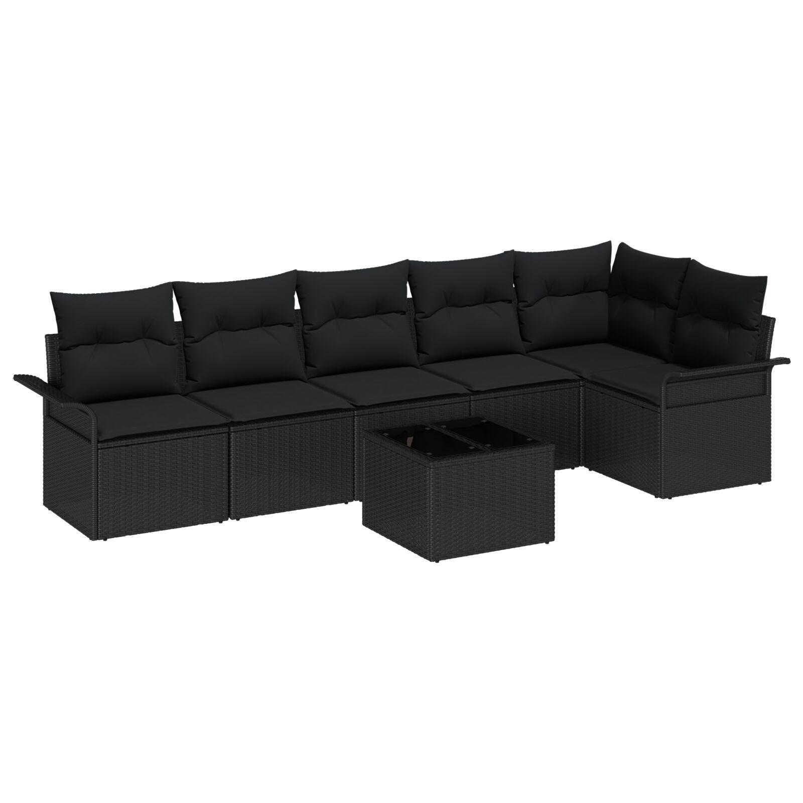7-delt Have Sofa Sæt med Puder Beige Poly Rattan,  2-personers Have Sofa med Opbevaring & Puder Sort Poly Rattan