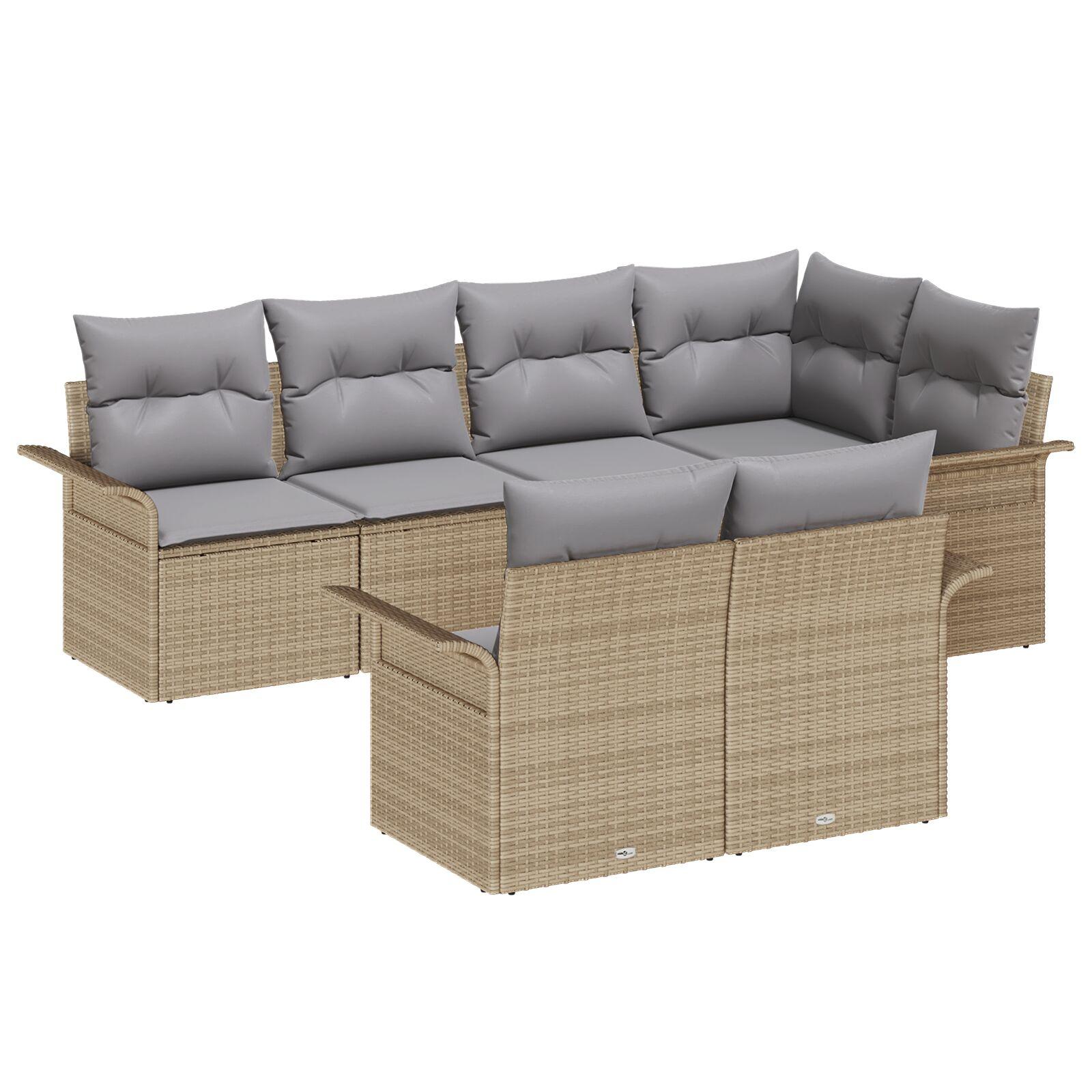 7-delt Havemøbel Sofa Sæt med Puder Beige Poly Rattan,  2-personers Havemøbel Sofa med Opbevaring & Puder Beige Poly Rattan