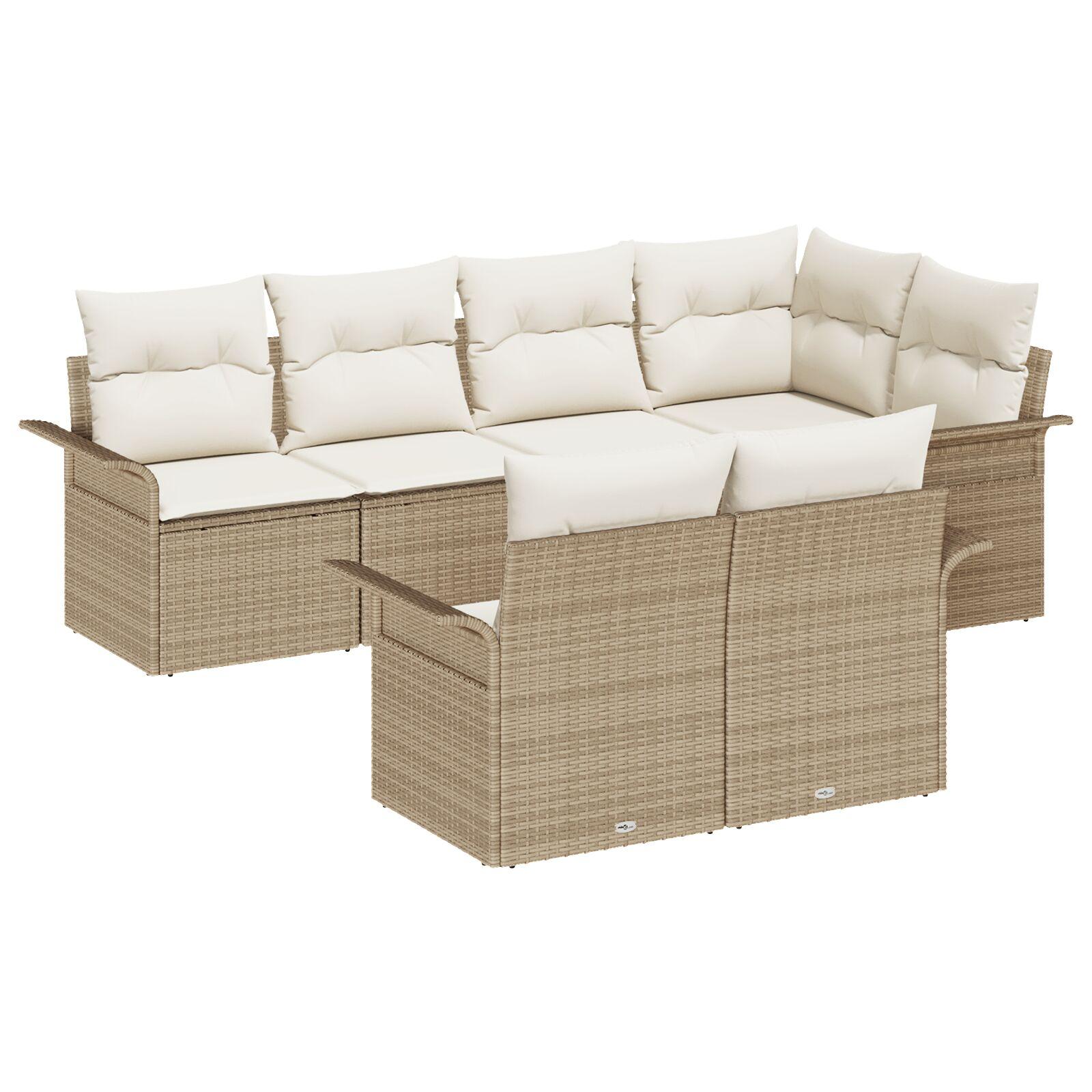 7 Stykke Have Sofa Sæt med Puder Beige Poly Rattan,  2-Sæders Have Sofa med Opbevaring & Puder Beige Poly Rattan