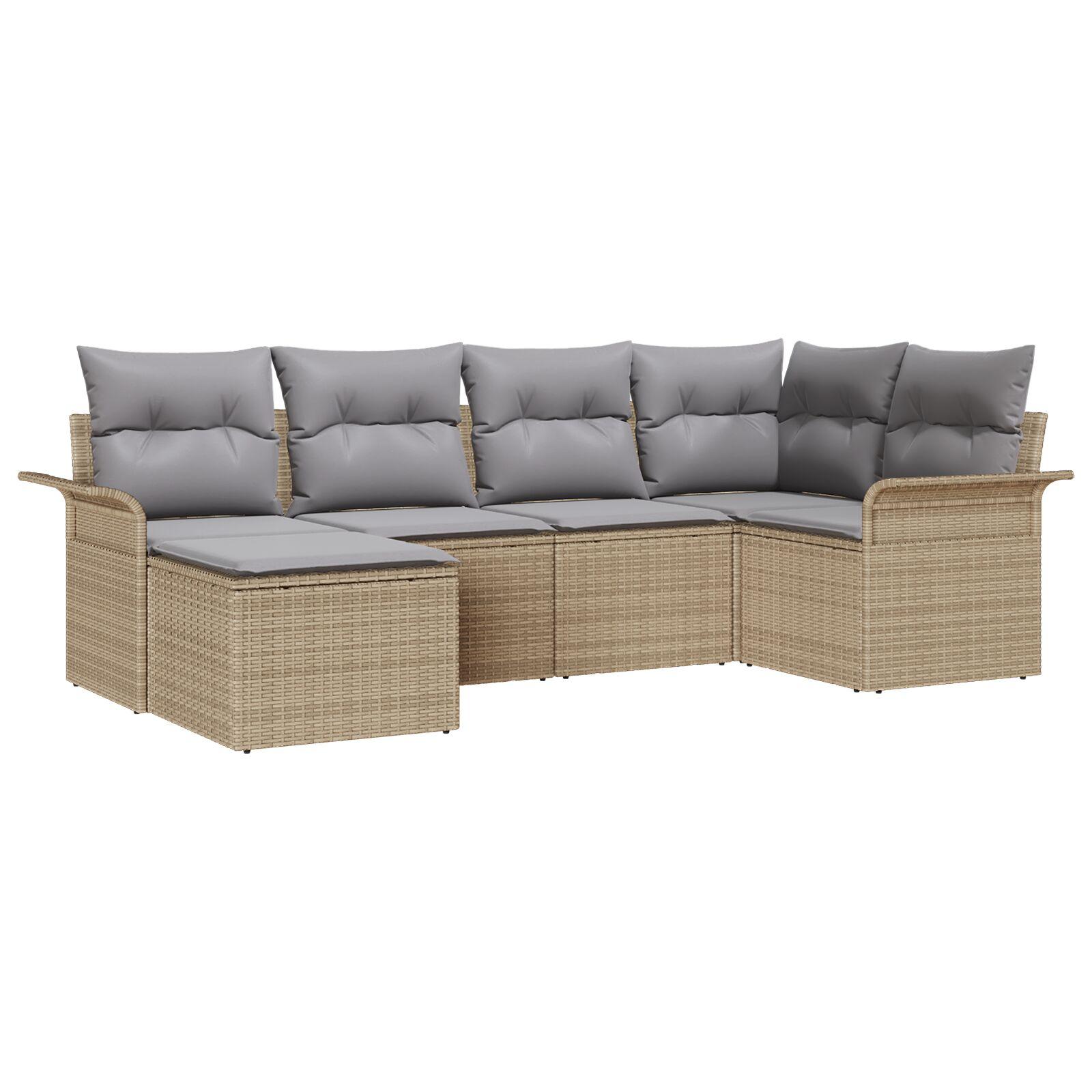 6 Stykke Havesofa Sæt med Puder Beige Poly Rattan,  2-personers Havesofa med Opbevaring & Puder Beige Poly Rattan