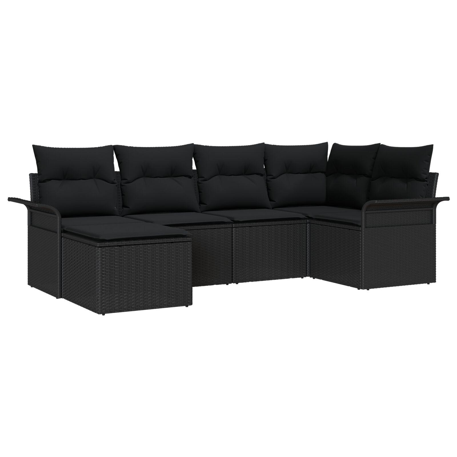 6-delt havesofa sæt med puder sort poly rattan,  2-personers havesofa med opbevaring & puder sort poly rattan
