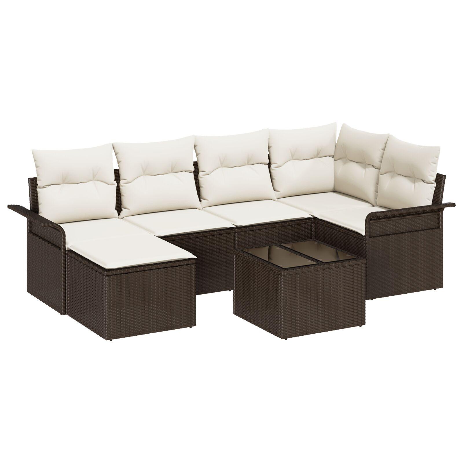 6 Stykke Have Sofa Sæt med Puder Grå Polyrattan, 2-Personers Have Sofa med Opbevaring & Puder Brun Polyrattan