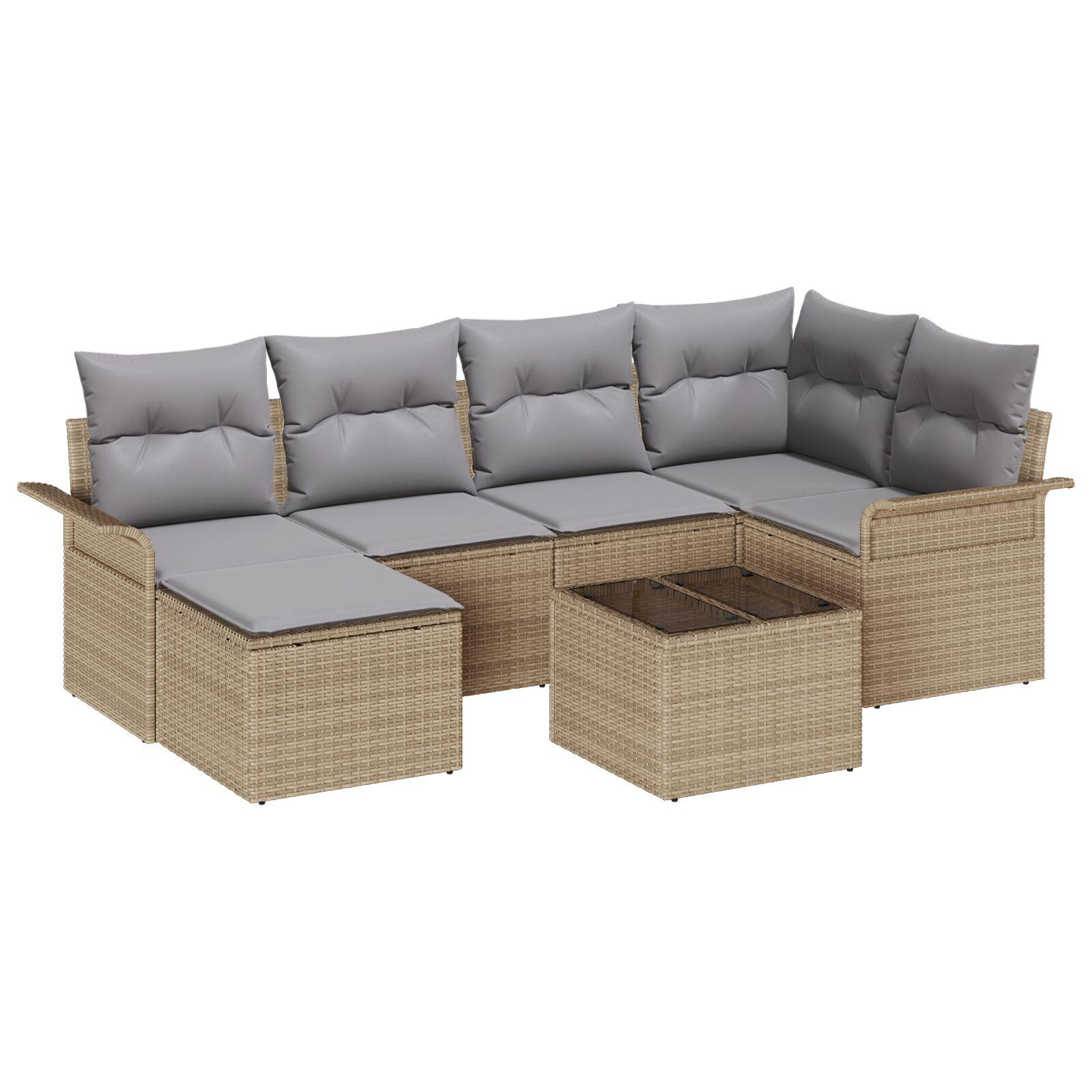 7 Dele Havesofa Sæt med Hynder Sort Poly Rattan,  2-personers Havesofa med Opbevaring & Hynder Beige Poly Rattan