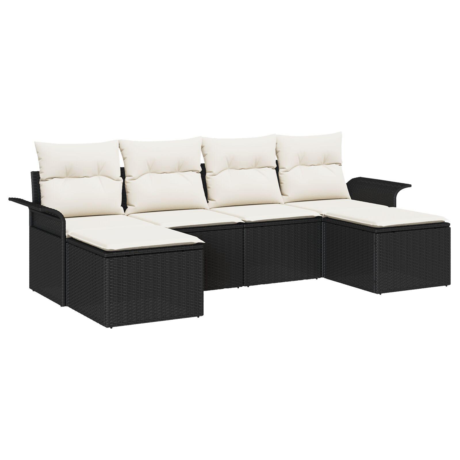 6 Stk Have Sofa Sæt med Puder Sort Poly Rattan,  2-personers Have Sofa med Opbevaring & Puder Sort Poly Rattan