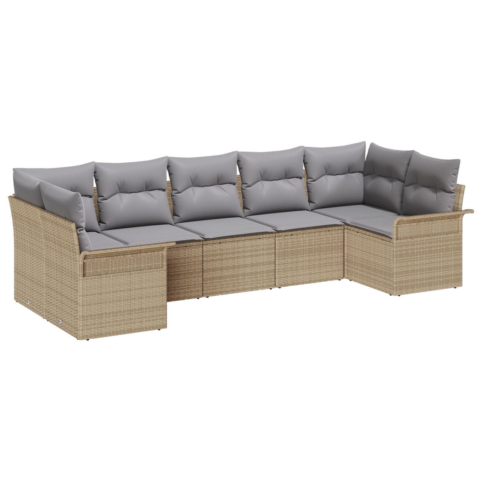 7 Delt Have Sofa Sæt med Puder Beige Poly Rattan,  2-personers Have Sofa med Opbevaring&Puder Beige Poly Rattan