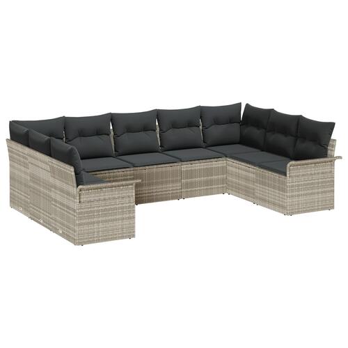9 Stk Have Sofa Sæt med Puder Lysegrå Poly Rattan, 2-sæders Have Sofa med Opbevaring & Puder Lysegrå Poly Rattan