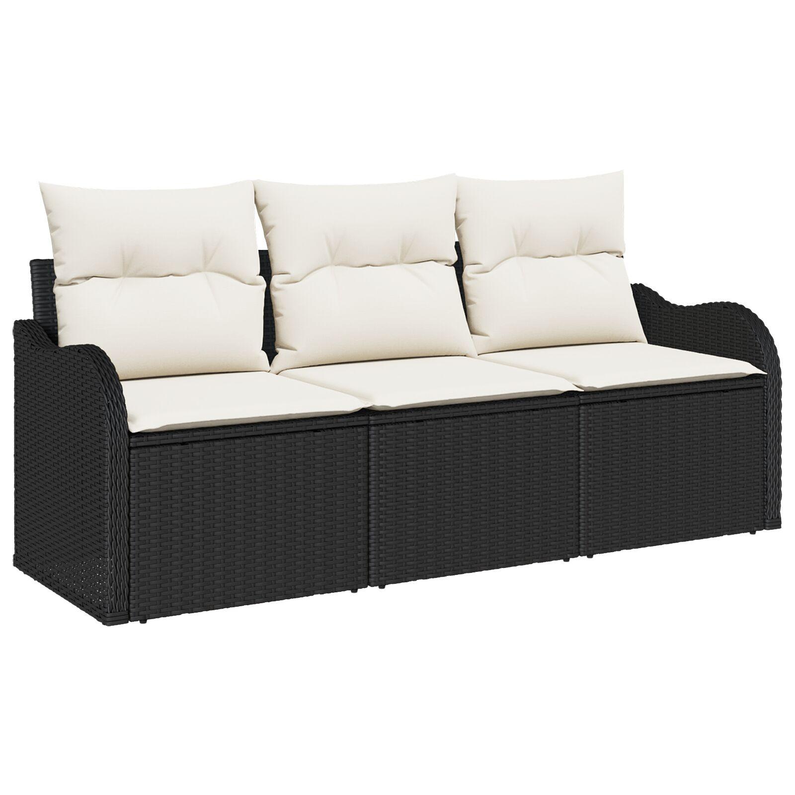 3 Stykker Have Sofa Sæt med Puder Sort Poly Rattan,  2-personers Have Sofa med Opbevaring & Puder Sort Poly Rattan
