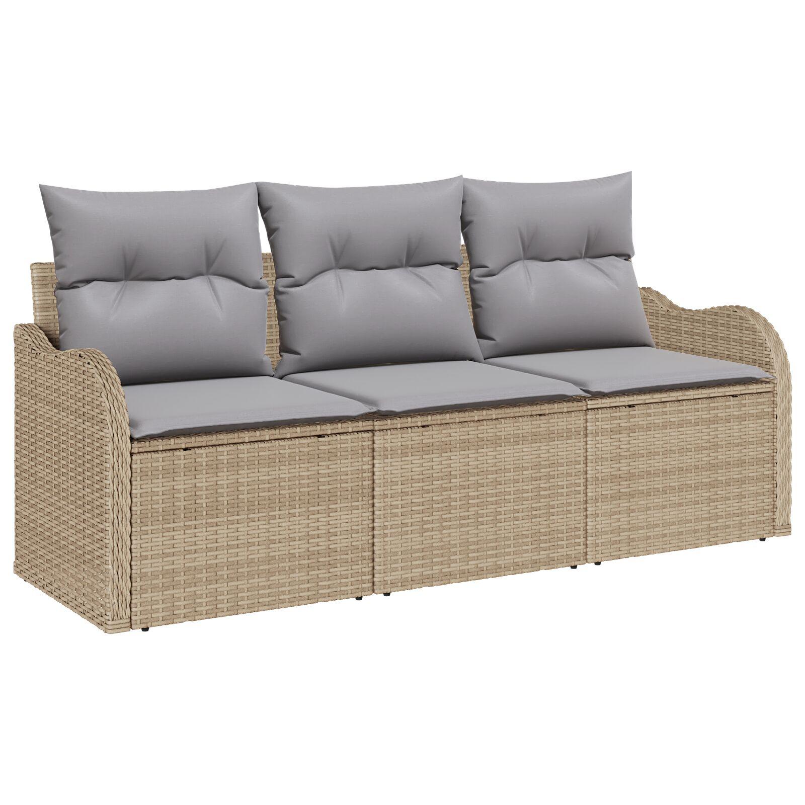 3 Personers Have Sofa Sæt med Puder Beige Poly Rattan,  2-personers Have Sofa med Opbevaring & Puder Beige Poly Rattan