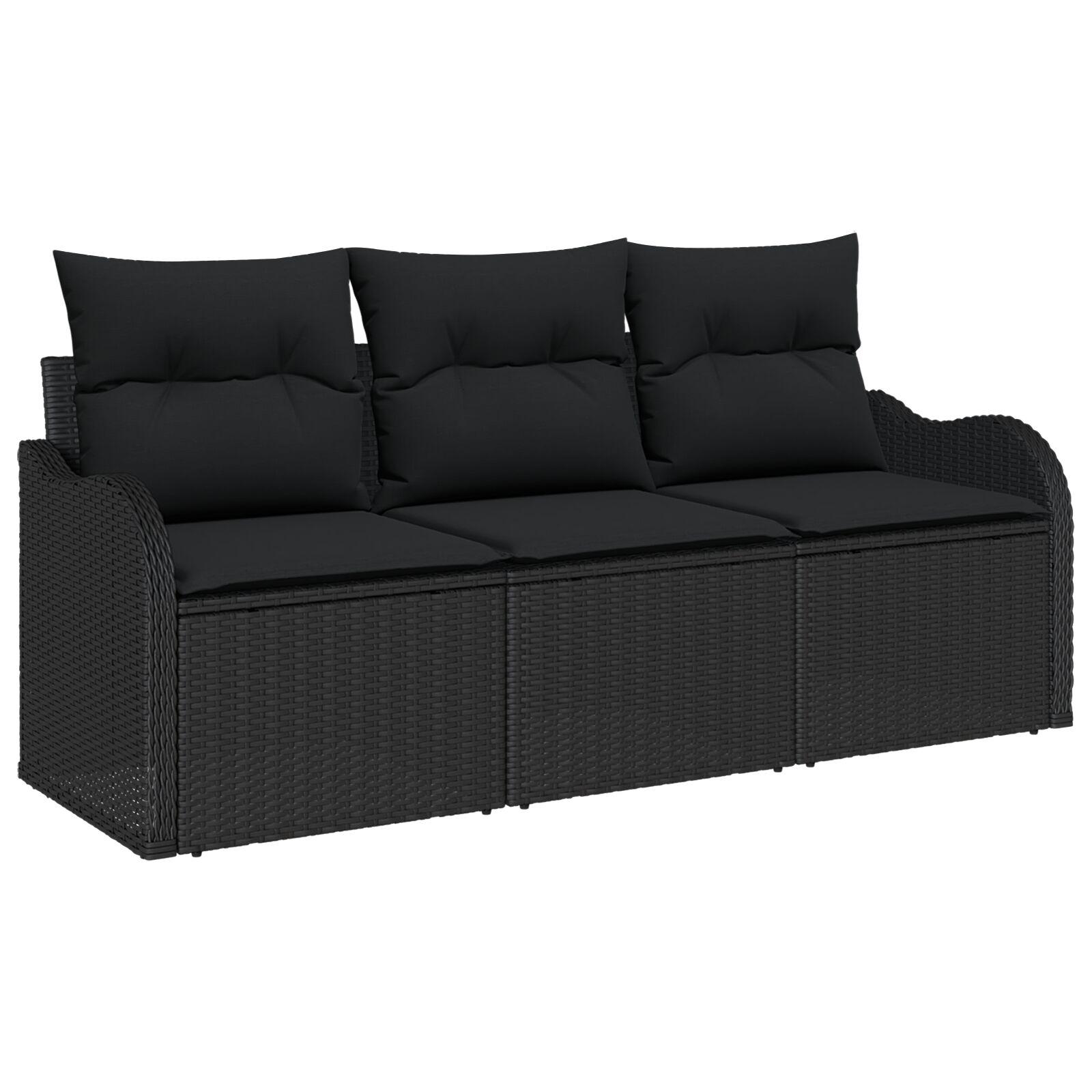3 Personers Havesofa Sæt med Puder Sort Poly Rattan,  2-personers Havesofa med Opbevaring & Puder Sort Poly Rattan