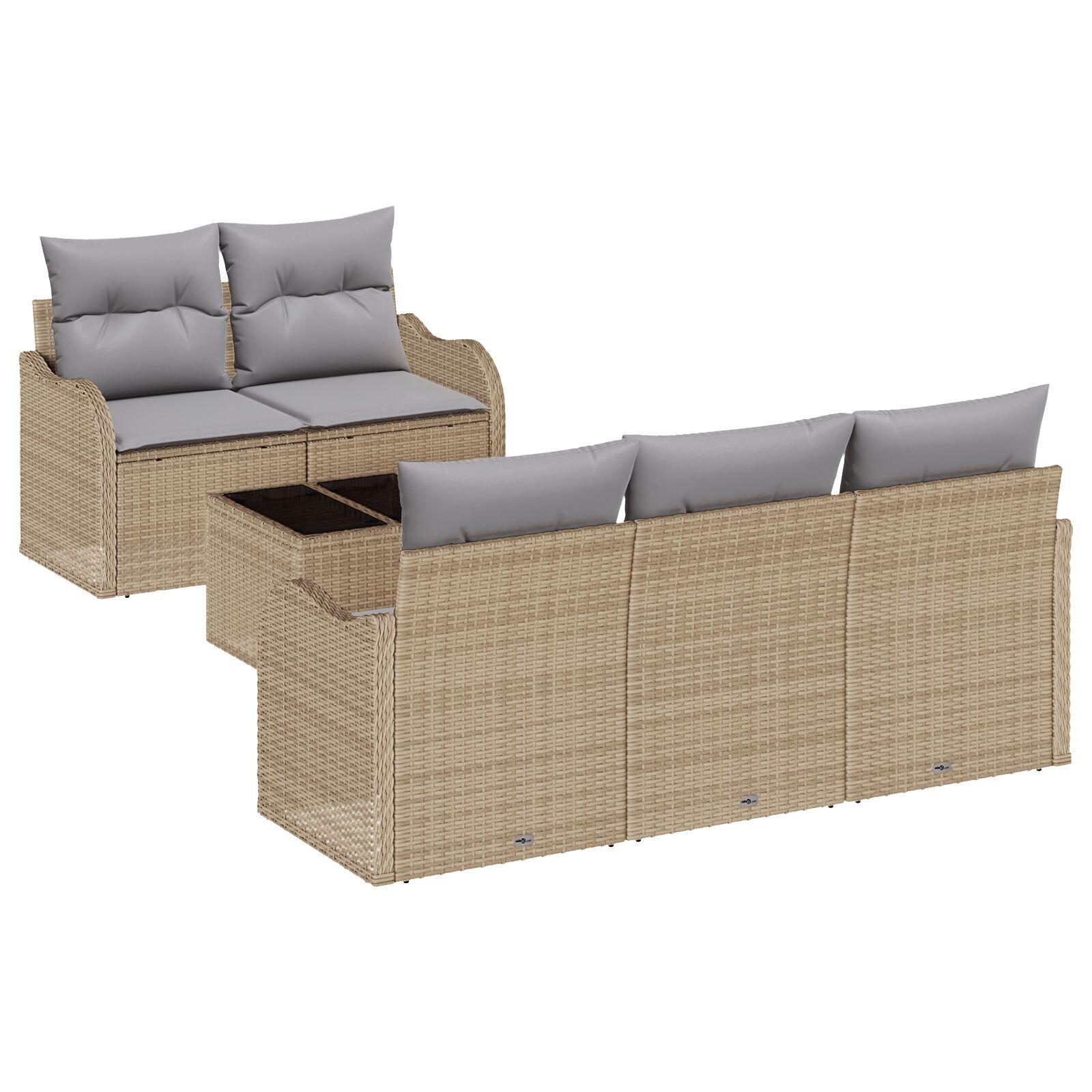 6 Delt Have Sofa Sæt med Puder Beige Poly Rattan,  2-Sæders Have Sofa med Opbevaring & Puder Beige Poly Rattan