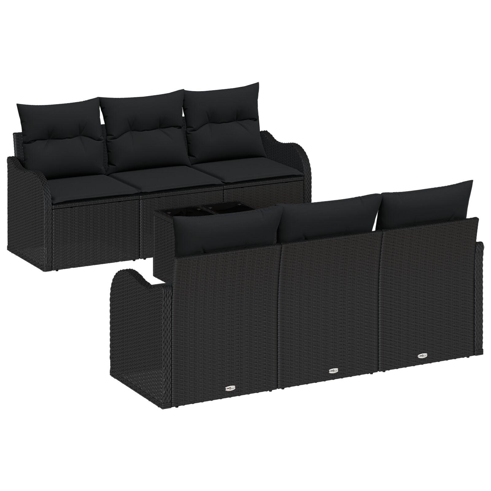 7-delt Have Sofa Sæt med Puder Sort Poly Rattan,  2-sæders Have Sofa med Opbevaring & Puder Sort Poly Rattan