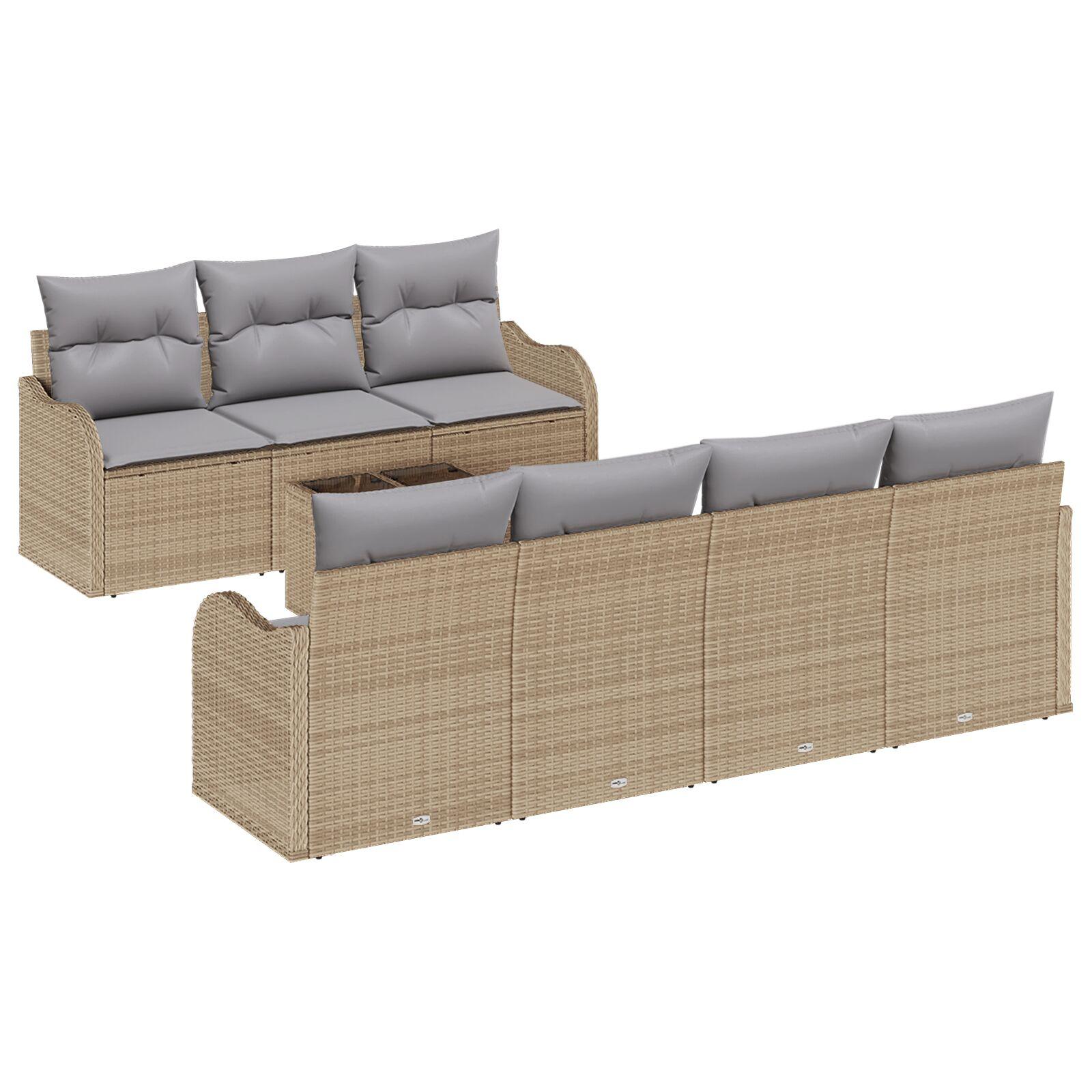 8 Stykke Have Sofa Sæt med Puder Beige Poly Rattan,  2-personers Have Sofa med Opbevaring & Puder Beige Poly Rattan
