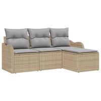 4-delt havesofa sæt med puder beige poly rattan, 2-personers havesofa med opbevaring & puder beige poly rattan