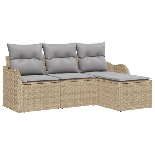 4-delt havesofa sæt med puder beige poly rattan, 2-personers havesofa med opbevaring & puder beige poly rattan