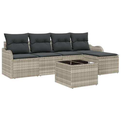 6 Deles Have Sofa Sæt med Puder Grå Poly Rattan, 2-Sæders Have Sofa med Opbevaring & Puder Lysegrå Poly Rattan