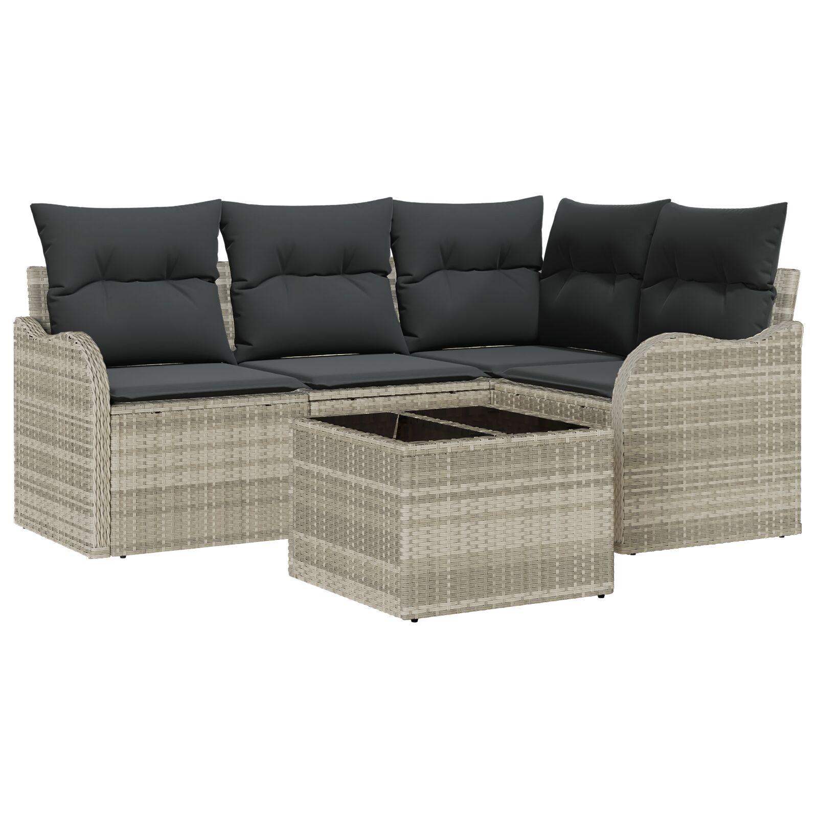 5 Stykker Have Sofa Sæt med Puder Grå Poly Rattan, 2-sæders Have Sofa med Opbevaring & Puder Lysegrå Poly Rattan
