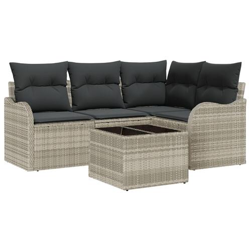 5 Stykker Have Sofa Sæt med Puder Grå Poly Rattan, 2-sæders Have Sofa med Opbevaring & Puder Lysegrå Poly Rattan